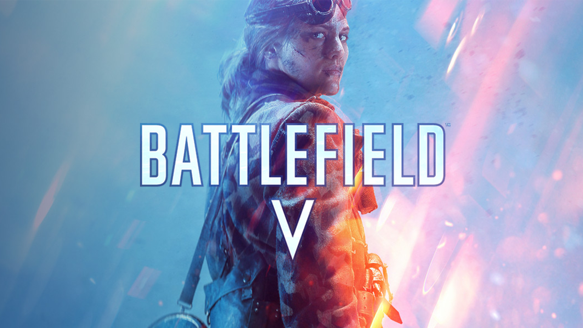 HD PC desktop wallpaper featuring a character from the video game Battlefield V, with the title prominently displayed against a dynamic, colorful background.