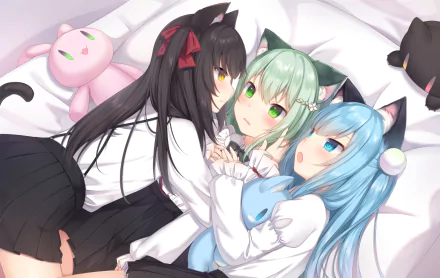 Anime desktop wallpaper featuring three cat girl characters with black, green, and blue hair, lying on a bed surrounded by plush toys. They have yellow, green, and blue eyes, respectively.