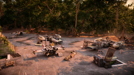 Yavin 4 rebel landing pad with parked X-wings and Y-wings among jungle trees — HD PC desktop wallpaper from the video game Star Wars Battlefront II (2017).