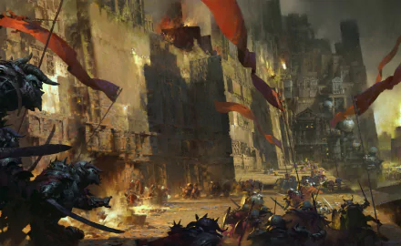 A fantasy warrior leads a battle near a burning castle, with red banners fluttering amid chaos in this dramatic HD PC desktop wallpaper.