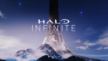 4K Ultra HD PC desktop wallpaper featuring the video game Halo Infinite logo with a towering ring structure and a misty mountainous landscape under a twilight sky.