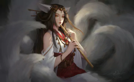 A fantasy-themed HD wallpaper of a brunette woman with animal ears, yellow eyes, and a tail, playing a flute surrounded by ethereal, swirling tails.