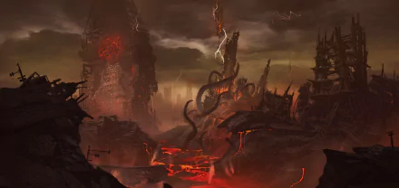 DOOM Eternal video game HD PC desktop wallpaper and background: hellscape of jagged towers, rivers of lava and writhing tentacles beneath stormy, lightning-filled skies.