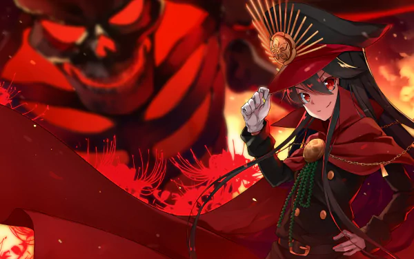 HD PC desktop wallpaper featuring Nobunaga Oda from Fate/Grand Order, depicted in dark attire with a dramatic fiery red background and an ominous shadowy figure.