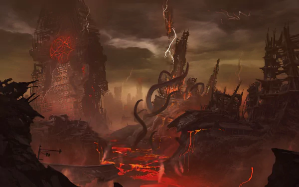 DOOM Eternal video game HD PC desktop wallpaper and background: hellscape of jagged towers, rivers of lava and writhing tentacles beneath stormy, lightning-filled skies.