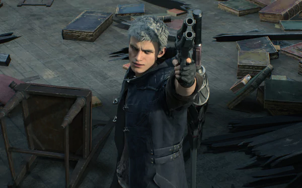 Nero from Devil May Cry 5 aims his gun, surrounded by debris, in this detailed 4K Ultra HD PC desktop wallpaper from the Devil May Cry video game series.