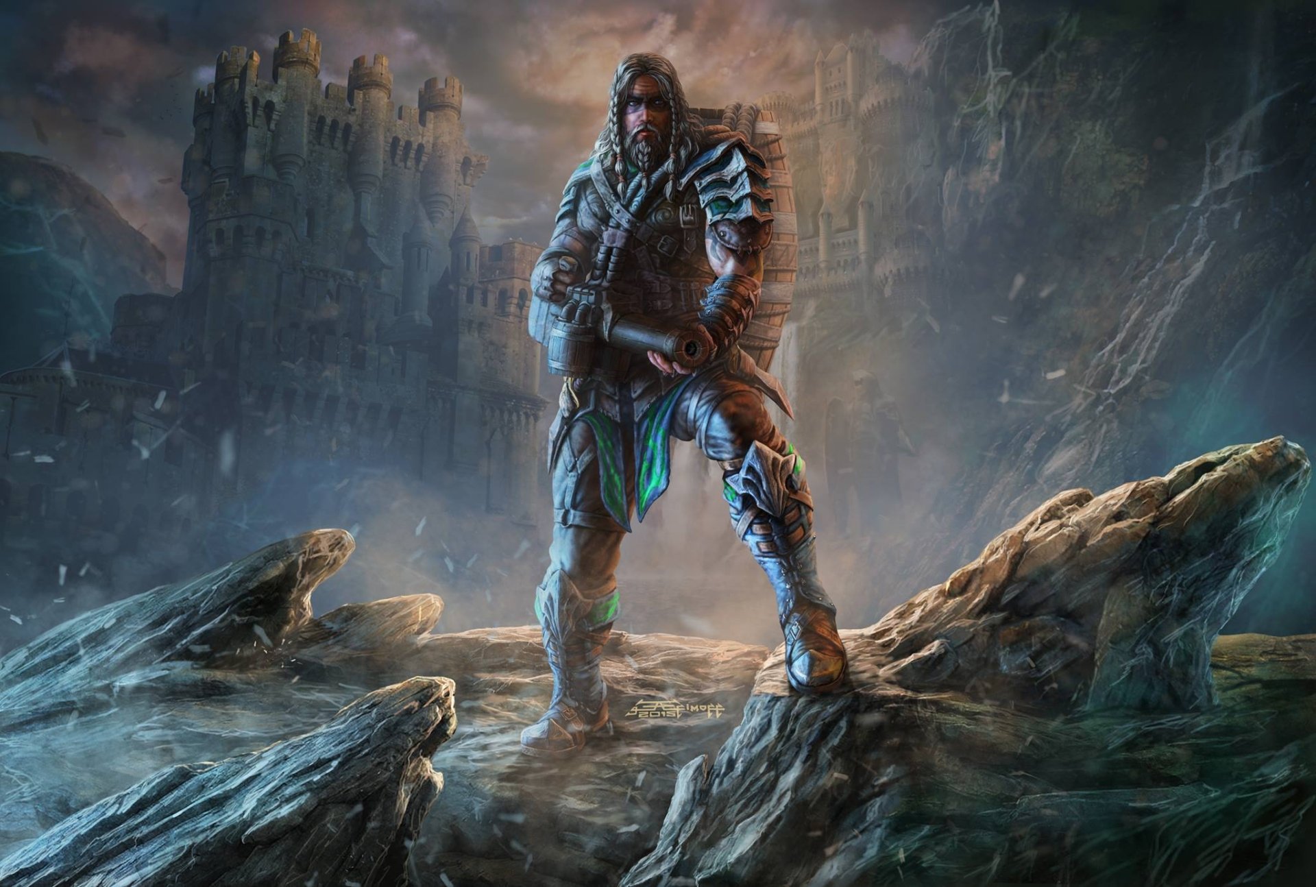 Fantasy warrior with a braided beard and armor stands wielding a weapon on rocky terrain before a castle, set in a dark, atmospheric HD PC desktop wallpaper.