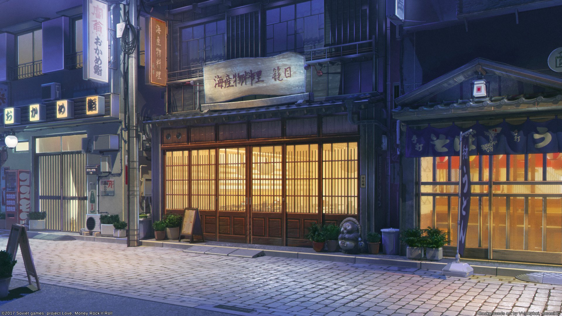 HD anime-style wallpaper featuring a peaceful, beautifully lit street at night with traditional Japanese architecture.