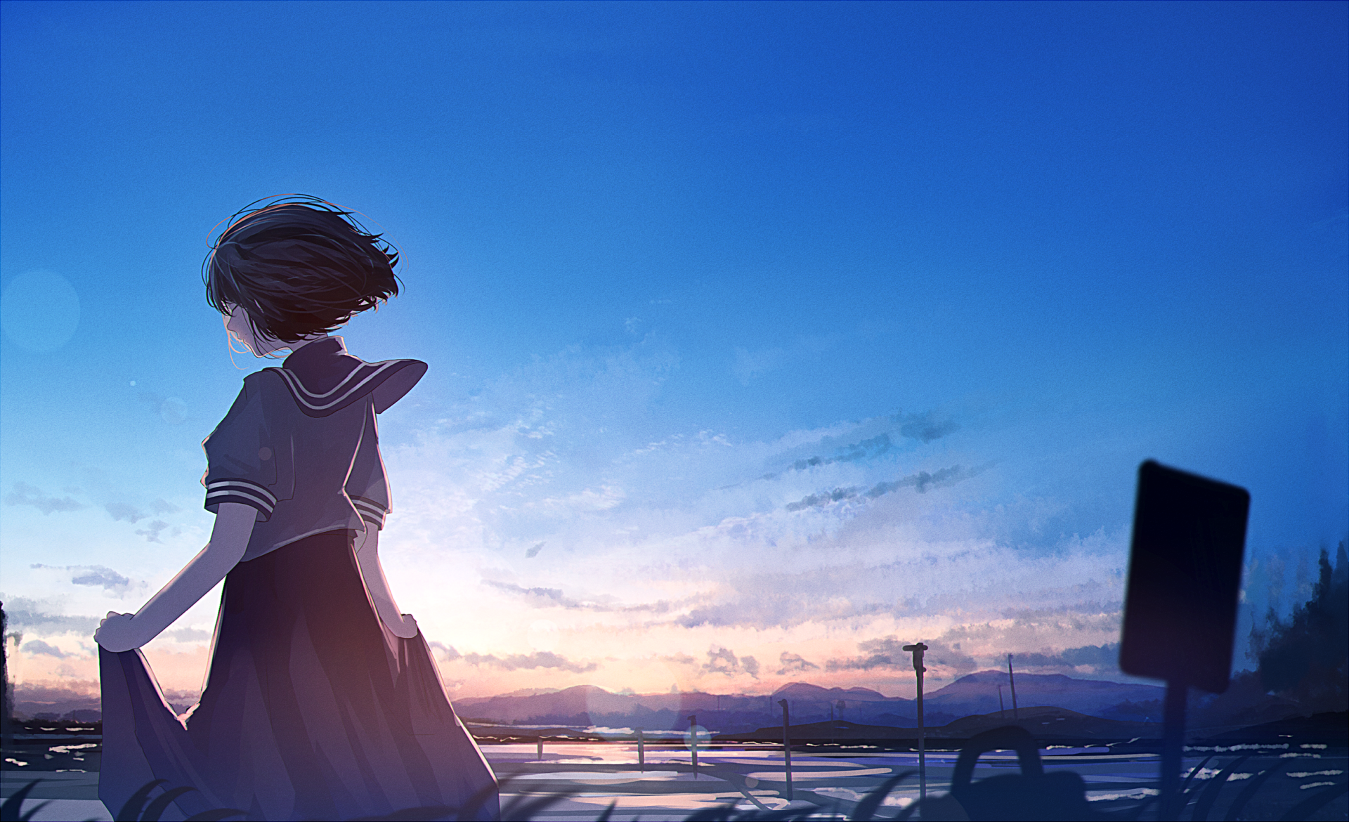 Anime-style original artwork of a short-haired character standing outdoors at sunset, featured as an HD PC desktop wallpaper and background.