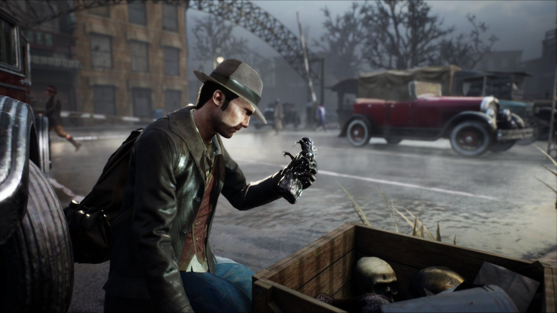 HD wallpaper of a detective from The Sinking City game examining a mysterious artifact on a rainy, vintage city street.