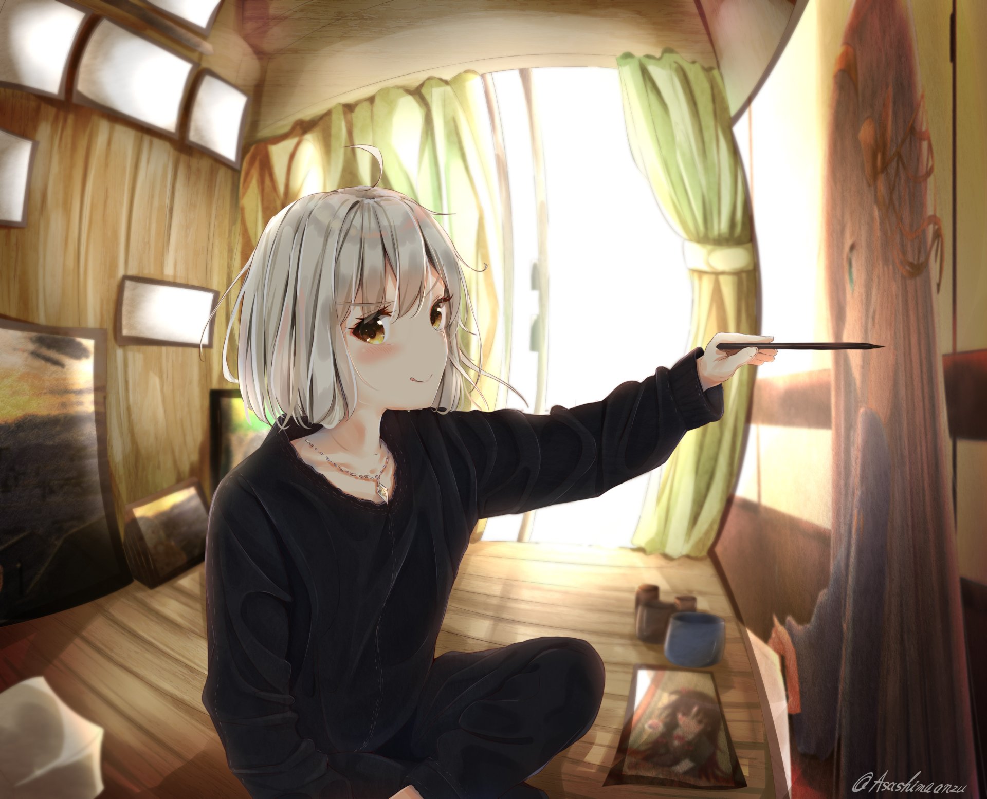 HD PC desktop wallpaper featuring Jeanne d'Arc Alter from Fate/Grand Order as Avenger, depicted in an anime style inside a warmly lit wooden room.