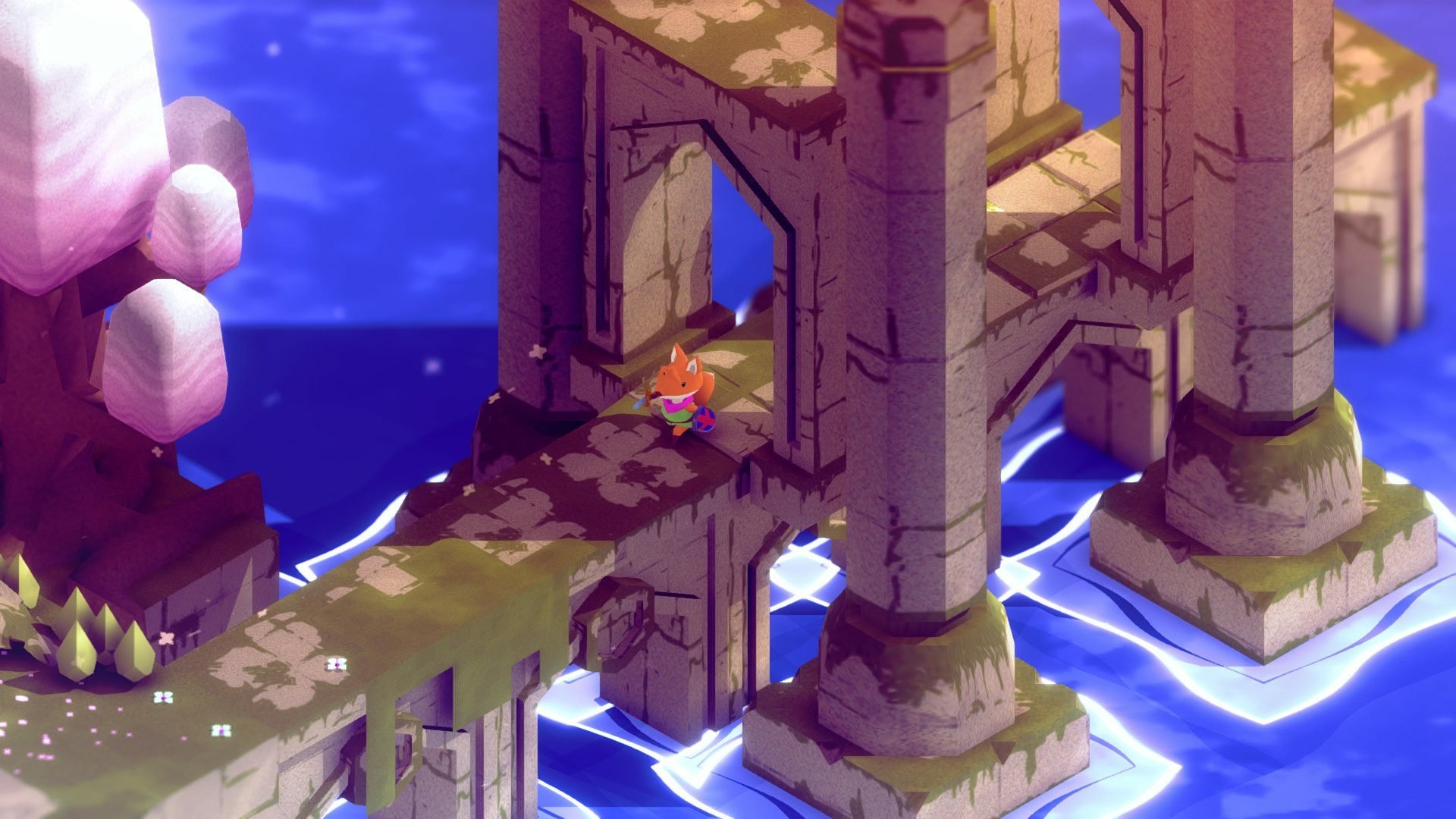HD desktop wallpaper featuring a scene from the game Tunic, with character exploring ancient ruins surrounded by water.