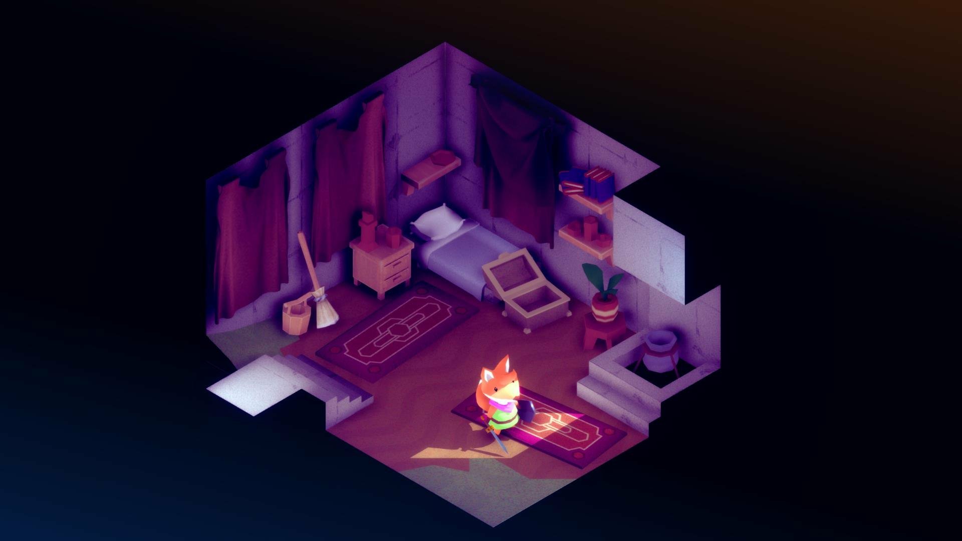 HD desktop wallpaper featuring a character from the game Tunic in a cozy, isometric room setting.