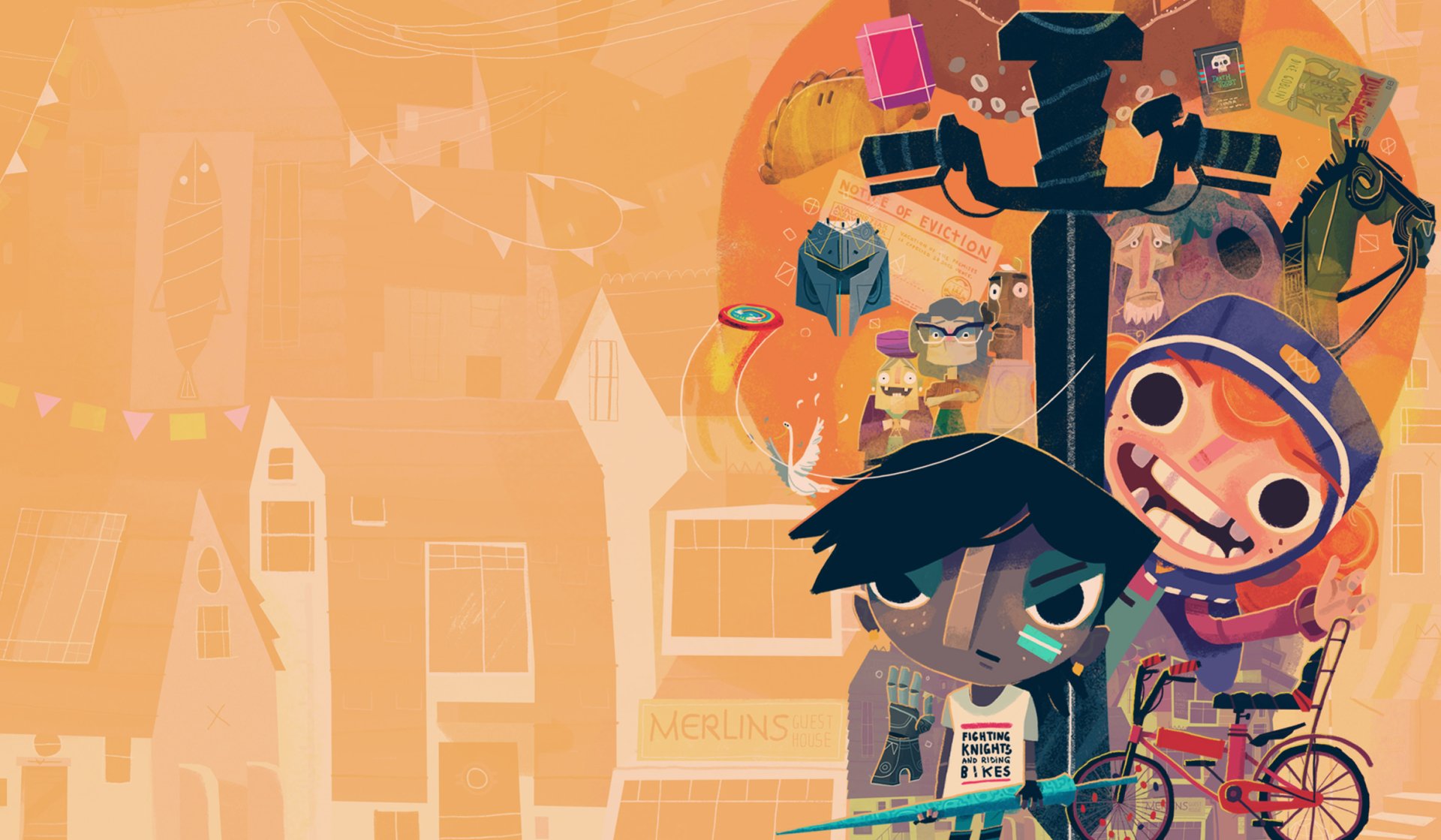 HD desktop wallpaper featuring characters from the game Knights and Bikes in a colorful, whimsical setting.