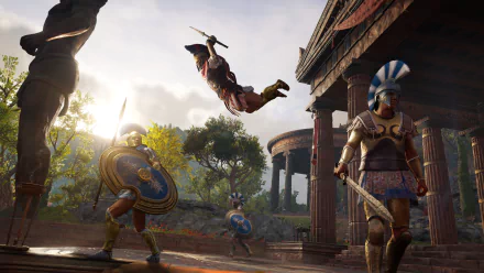 4K Ultra HD PC wallpaper featuring a dynamic action scene from the video game Assassin's Creed Odyssey with warriors in ancient Greek armor near a temple.