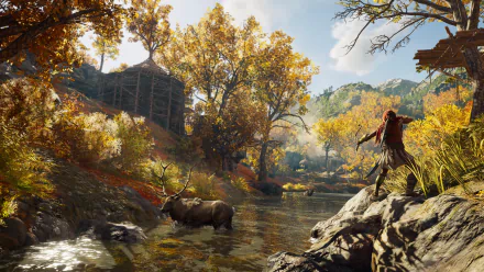 HD wallpaper featuring a beautiful autumn scene from Assassin's Creed Odyssey, with a character aiming a bow at a deer standing in a tranquil river.
