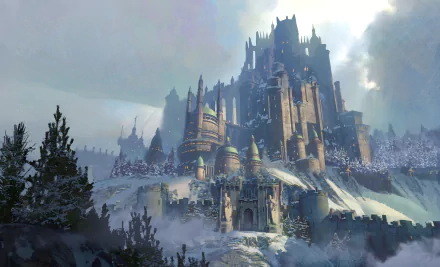 HD PC desktop wallpaper featuring a majestic fantasy castle towering over a snowy, misty landscape under a cloudy sky.