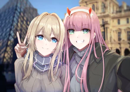 HD desktop wallpaper featuring Zero Two from Darling in the FranXX and Violet Evergarden from Violet Evergarden, posing together against a city backdrop in a crossover anime theme.