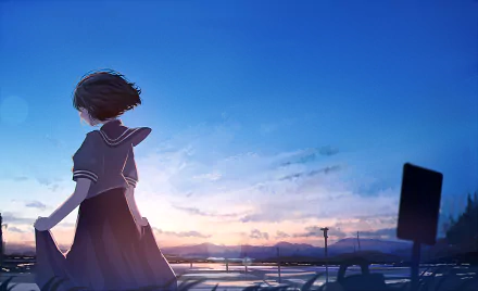 Anime-style original artwork of a short-haired character standing outdoors at sunset, featured as an HD PC desktop wallpaper and background.