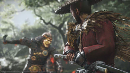 Jin Sakai from Ghost of Tsushima, 4K Ultra HD PC desktop wallpaper: poised samurai in straw cloak and red armor, katana drawn, facing a blurred armored opponent in a misty forest.