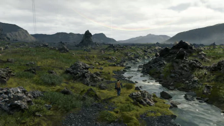 4K Ultra HD Death Stranding PC wallpaper featuring a lone figure walking through a rocky, grassy landscape with a flowing river under a cloudy sky.