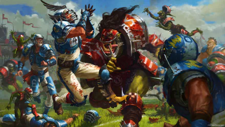 Warhammer Blood Bowl video game HD PC desktop wallpaper: chaotic pitch battle between orc and human players in battered helmets and football armor.