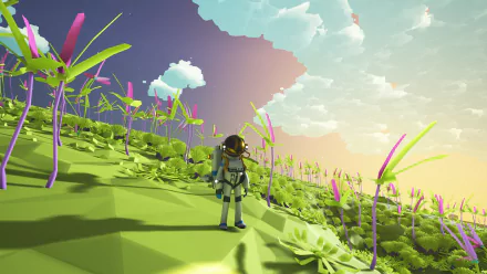 HD desktop wallpaper of an astronaut exploring a vibrant alien landscape from the game ASTRONEER.