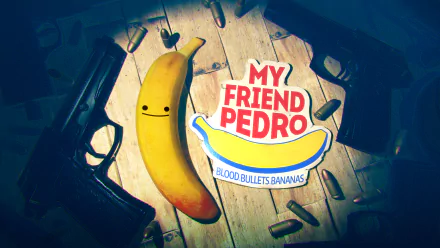 HD desktop wallpaper featuring My Friend Pedro with a smiling banana, the game's logo, and scattered bullets on a wooden surface.