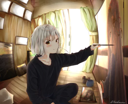 HD PC desktop wallpaper featuring Jeanne d'Arc Alter from Fate/Grand Order as Avenger, depicted in an anime style inside a warmly lit wooden room.
