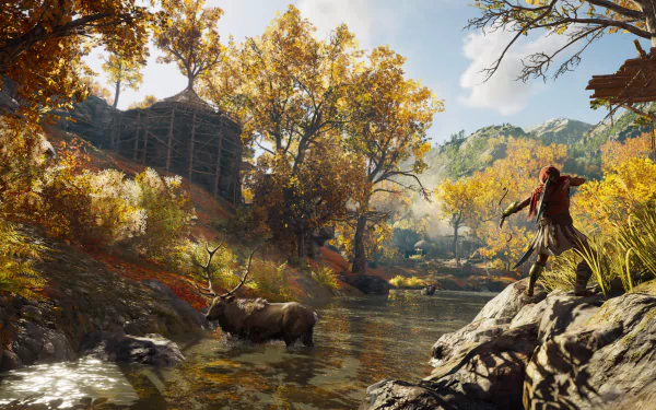 HD wallpaper featuring a beautiful autumn scene from Assassin's Creed Odyssey, with a character aiming a bow at a deer standing in a tranquil river.