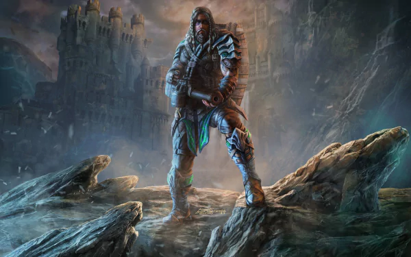 Fantasy warrior with a braided beard and armor stands wielding a weapon on rocky terrain before a castle, set in a dark, atmospheric HD PC desktop wallpaper.