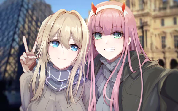 HD desktop wallpaper featuring Zero Two from Darling in the FranXX and Violet Evergarden from Violet Evergarden, posing together against a city backdrop in a crossover anime theme.