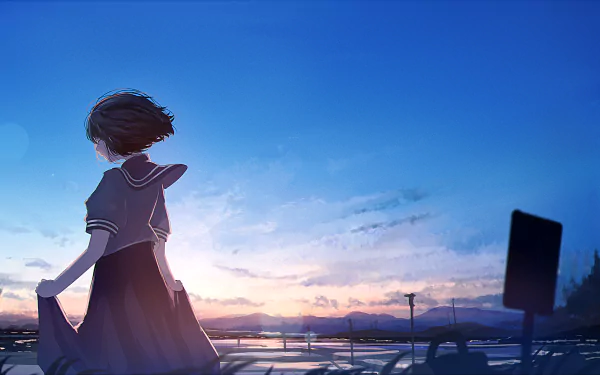Anime-style original artwork of a short-haired character standing outdoors at sunset, featured as an HD PC desktop wallpaper and background.