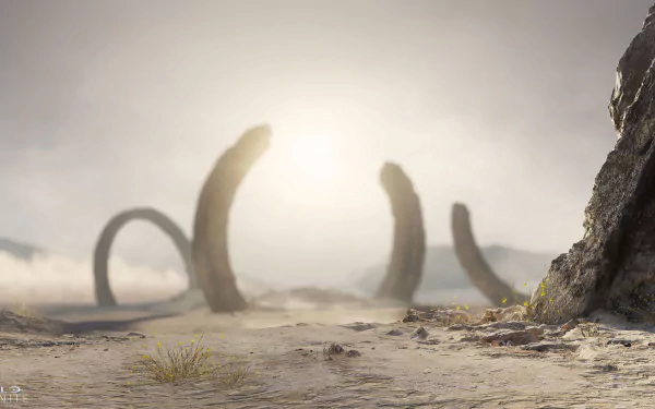 4K Ultra HD Halo Infinite PC wallpaper featuring massive ring structures emerging from a misty, desolate landscape in the Halo video game universe.