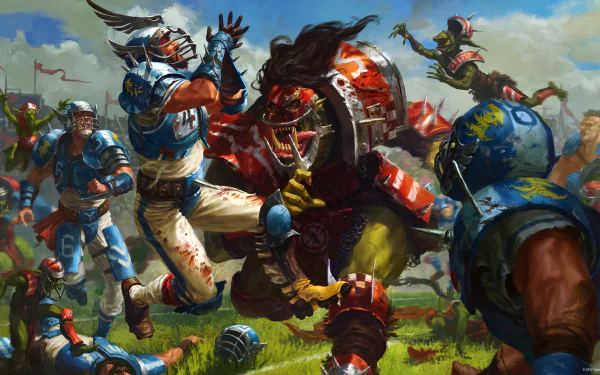 Warhammer Blood Bowl video game HD PC desktop wallpaper: chaotic pitch battle between orc and human players in battered helmets and football armor.