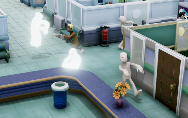 HD desktop wallpaper from Two Point Hospital featuring ghostly occurrences and quirky characters in a hospital setting.