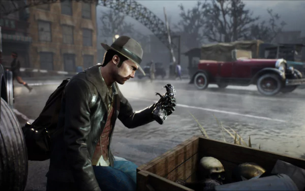 HD wallpaper of a detective from The Sinking City game examining a mysterious artifact on a rainy, vintage city street.