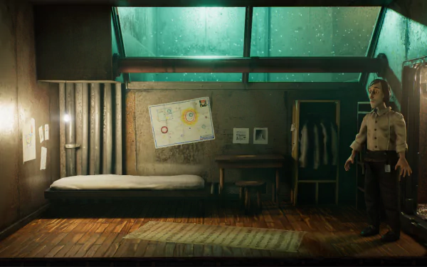 HD desktop wallpaper from Harold Halibut featuring a character in a stylized underwater room with a bed, desk, and map.