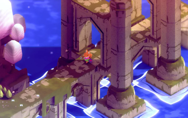 HD desktop wallpaper featuring a scene from the game Tunic, with character exploring ancient ruins surrounded by water.