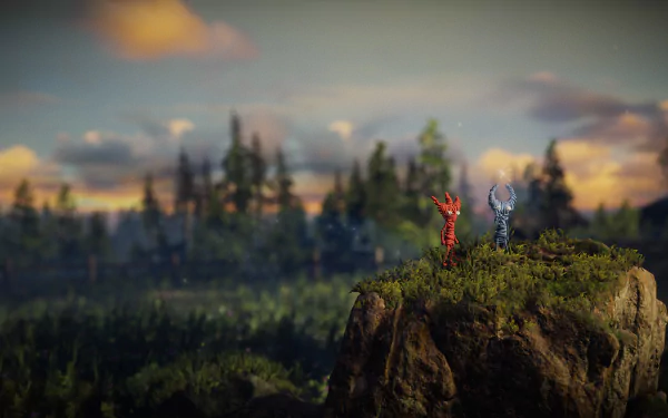 HD desktop wallpaper of two characters from Unravel Two standing on a cliff with a scenic forest backdrop at dusk.