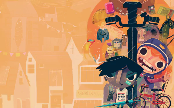 HD desktop wallpaper featuring characters from the game Knights and Bikes in a colorful, whimsical setting.