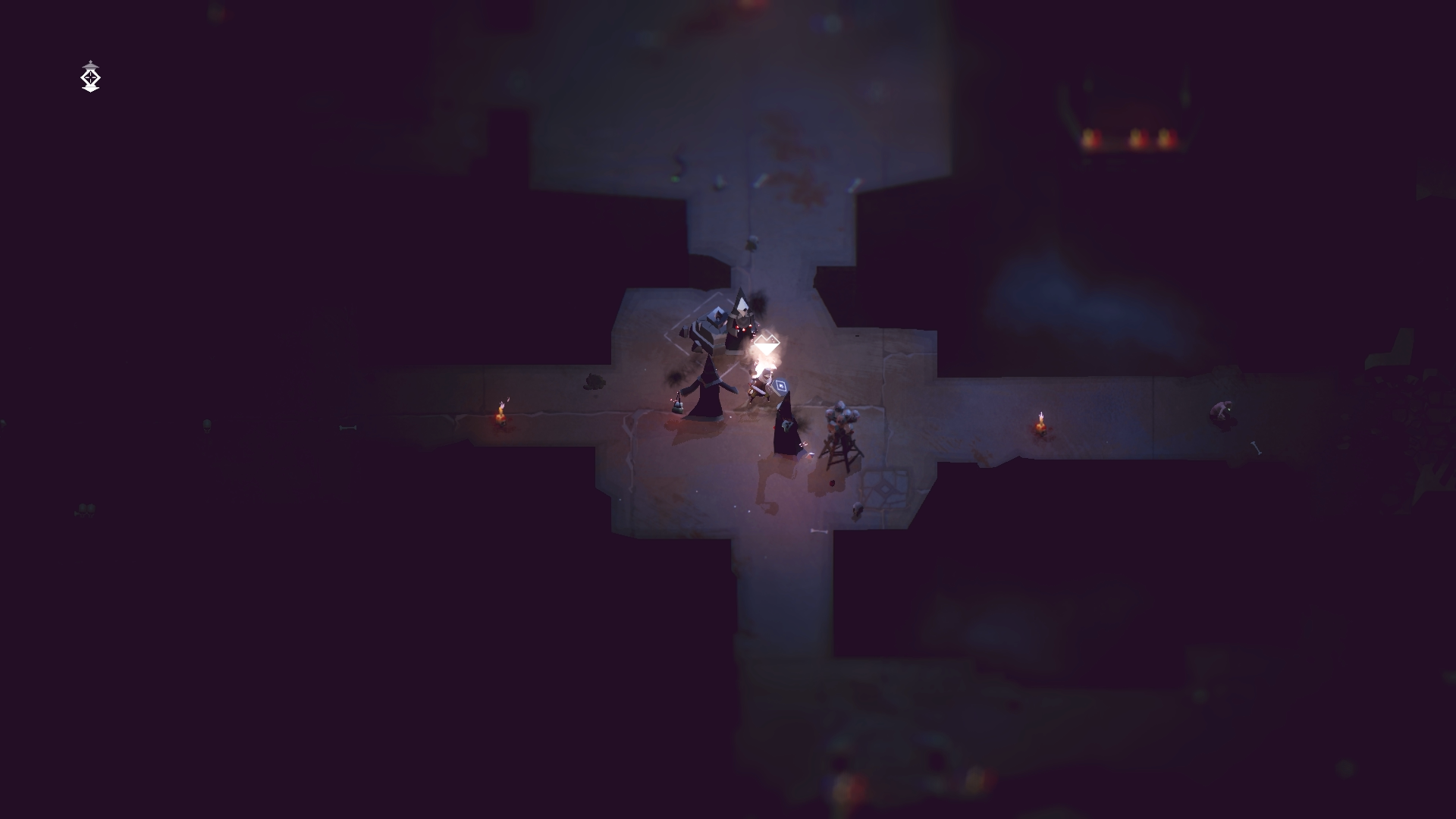 HD desktop wallpaper featuring a dark, atmospheric scene with characters gathered around a light source with candles in the background.