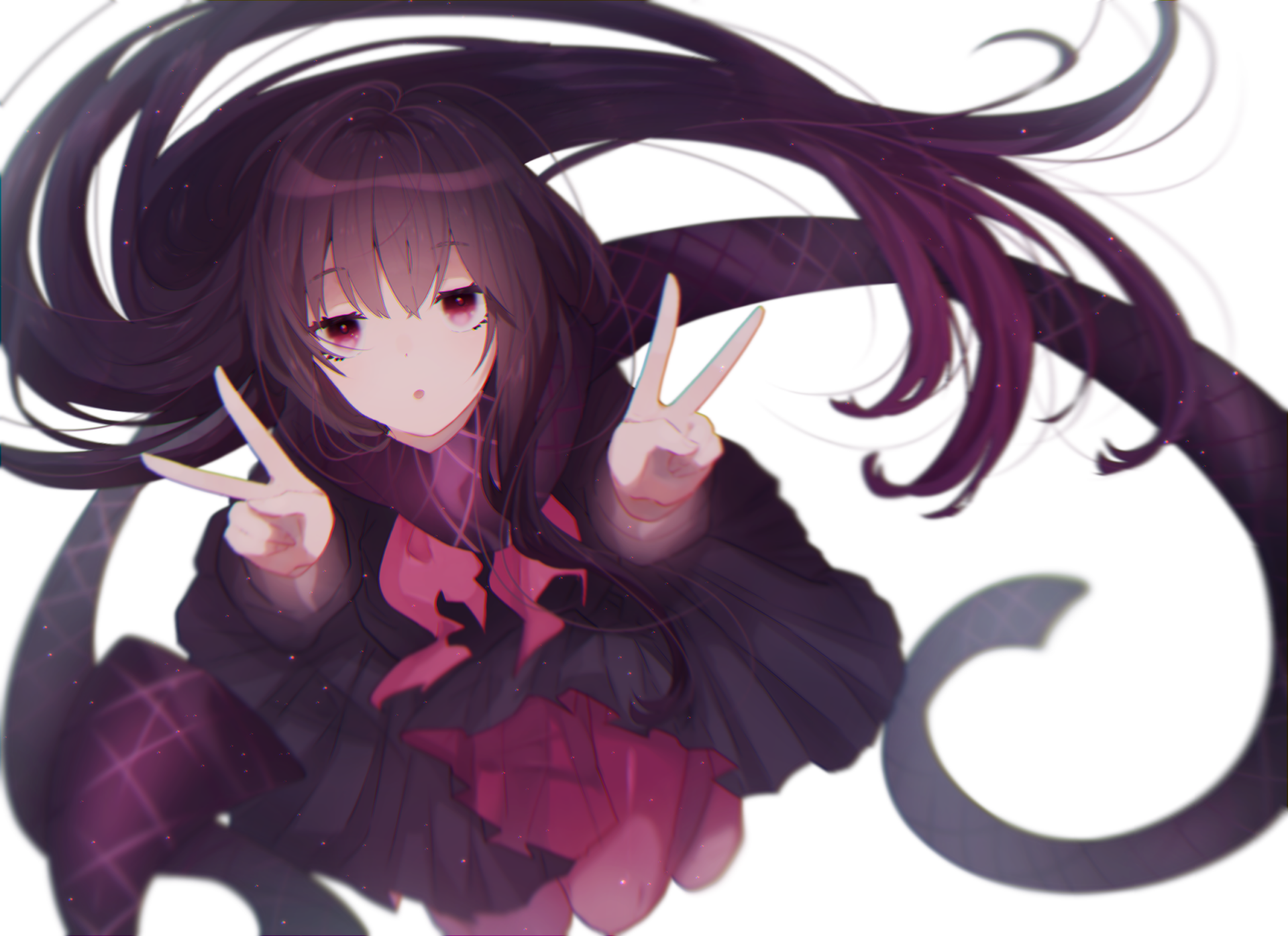 HD PC desktop wallpaper featuring Oryou from Fate/KOHA-ACE, an anime-style character with long dark hair and a dark outfit, making a peace sign with both hands.