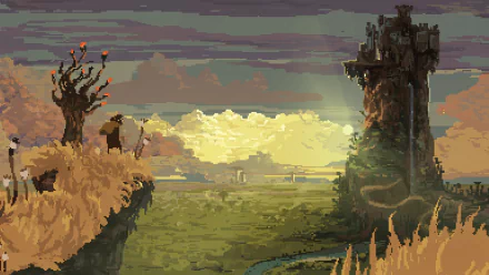 HD desktop wallpaper from Children of Morta game featuring a pixel art landscape with a watchtower and dramatic skies.