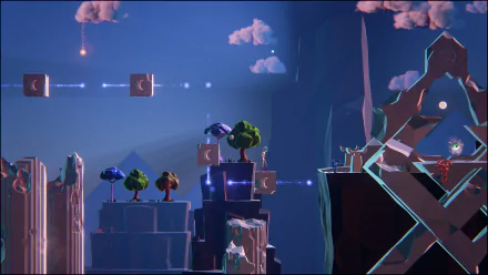 HD desktop wallpaper featuring the surreal landscape of Planet Alpha, with floating islands and stylized trees under a twilight sky.