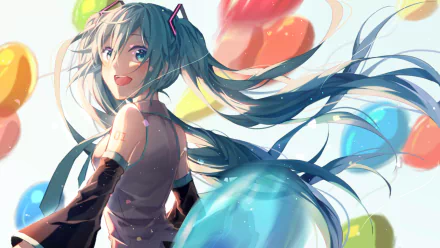 Hatsune Miku (Vocaloid) anime-style HD PC desktop wallpaper: smiling Miku with flowing teal twin-tails, dynamic pose and colorful floating balloons background.