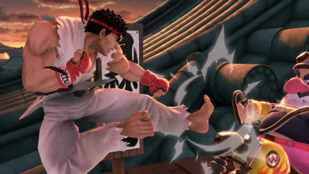 HD wallpaper of Ryu from Street Fighter battling Wario in Super Smash Bros. Ultimate.