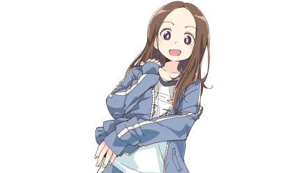 HD PC desktop wallpaper featuring Takagi from the anime Teasing Master Takagi-san, showcasing her playful and cheerful expression in vibrant colors.