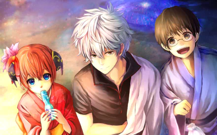 HD PC wallpaper of Gintama anime: Gintoki Sakata center, Kagura with a candy left, Shimura Shinpachi smiling right against a colorful cosmic background.