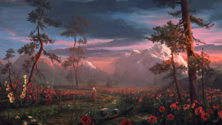 A fantasy-themed HD wallpaper featuring a woman warrior on a flower-lined path amidst a vibrant landscape with red flowers, tall trees, and distant snow-covered mountains under a colorful sky.